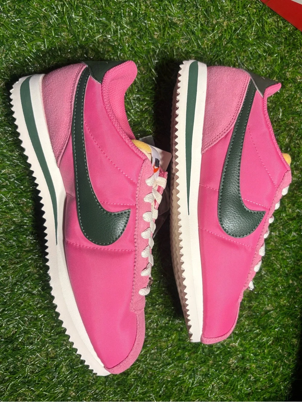 Nike Women's 7 Pink Cortez with Green Swoosh